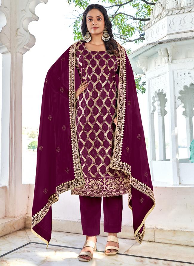 Blooming Vichitra Wine Wedding Wear Embroidery Work Straight Suit